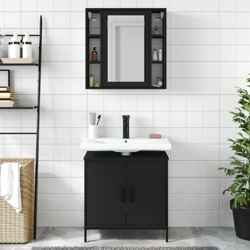 Set mobilier de baie, 2 piese, negru, lemn compozit - 2 | YEO
