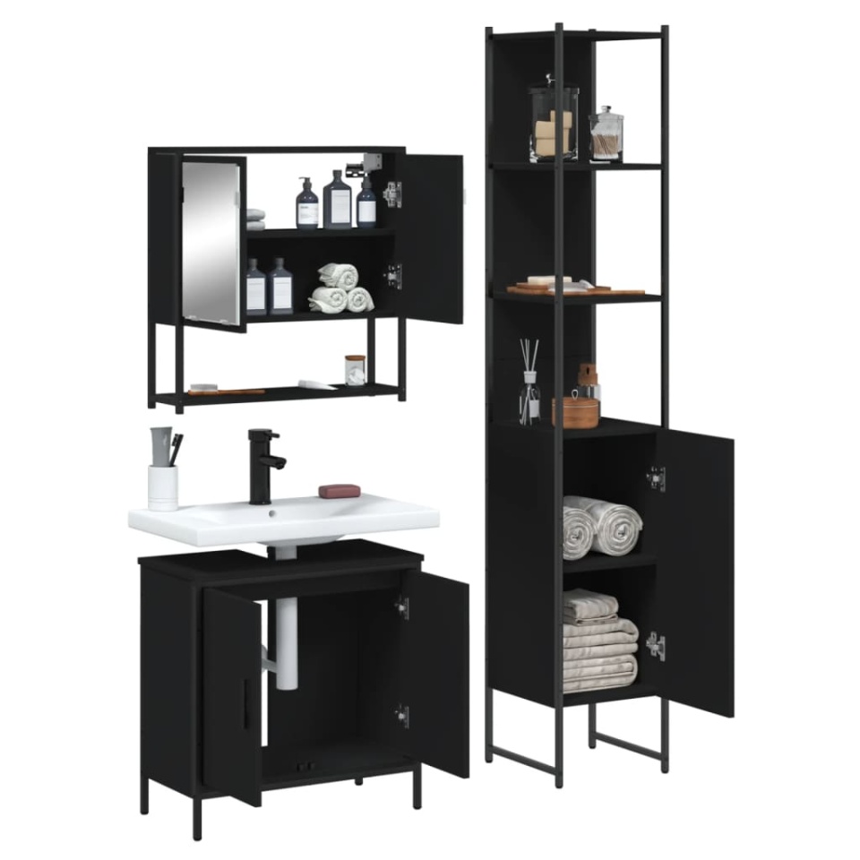 Set mobilier de baie, 3 piese, negru, lemn compozit - 3 | YEO