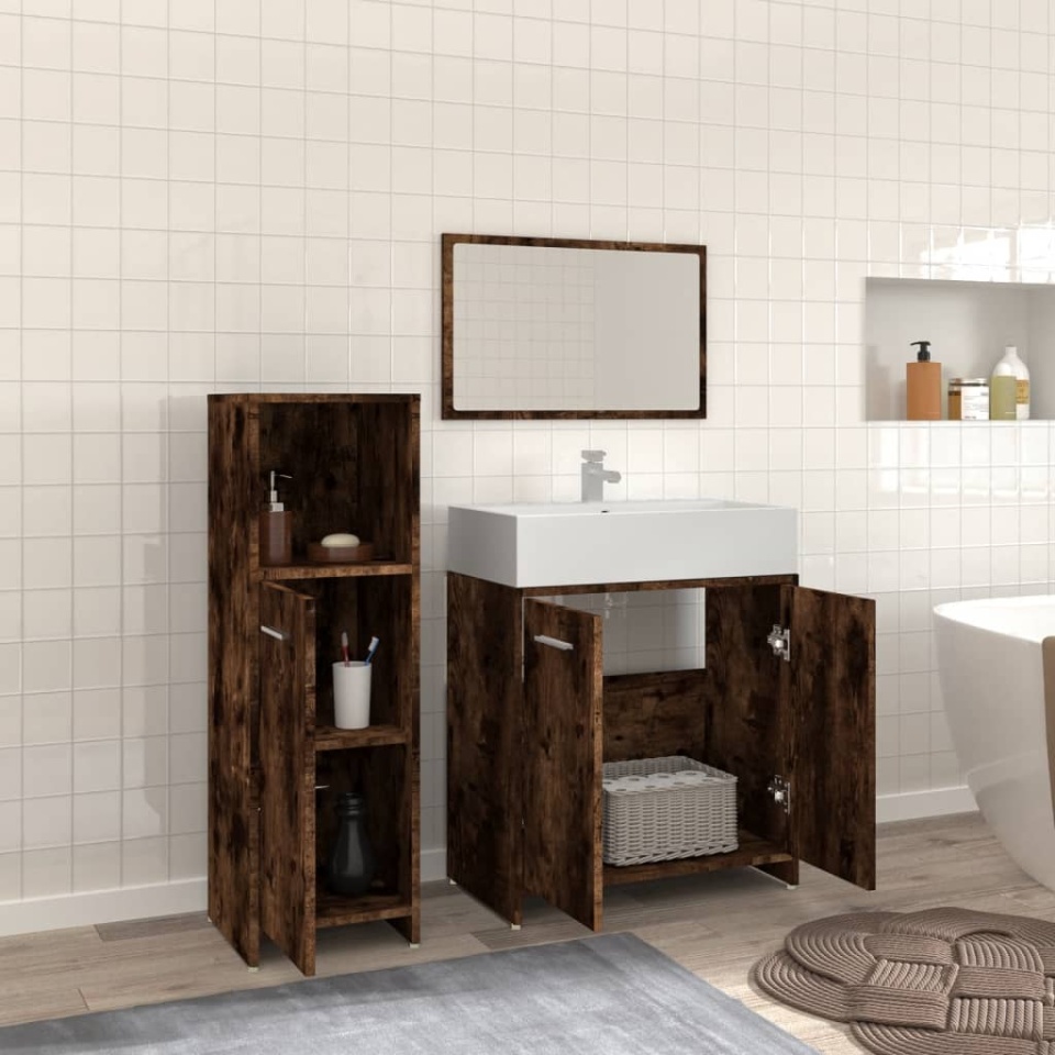 Set mobilier de baie, 3 piese, stejar fumuriu, lemn prelucrat - 2 | YEO