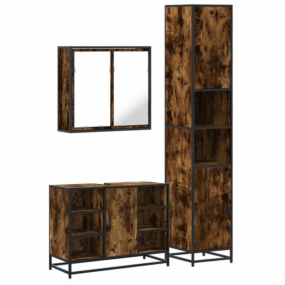 Set mobilier de baie, 3 piese, stejar fumuriu, lemn prelucrat - 1 | YEO