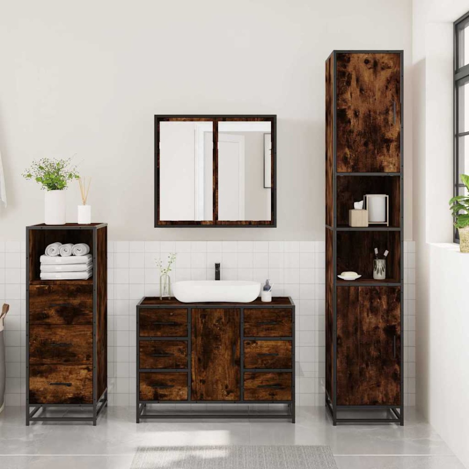 Set mobilier de baie, 3 piese, stejar fumuriu, lemn prelucrat - 2 | YEO