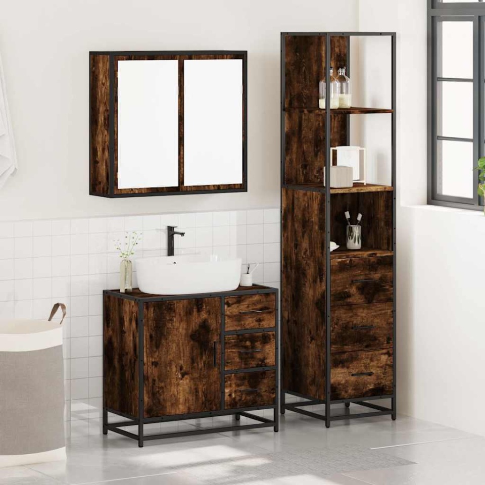 Set mobilier de baie, 3 piese, stejar fumuriu, lemn prelucrat - 2 | YEO