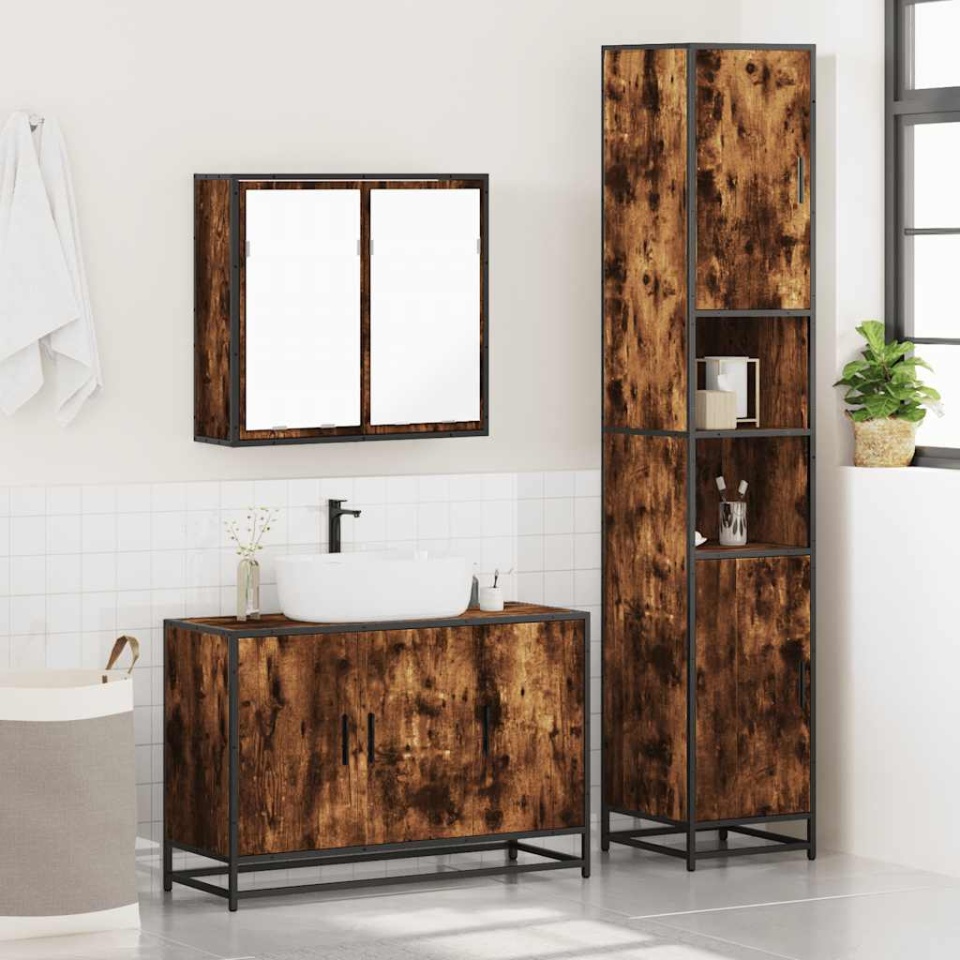 Set mobilier de baie, 3 piese, stejar fumuriu, lemn prelucrat - 3 | YEO