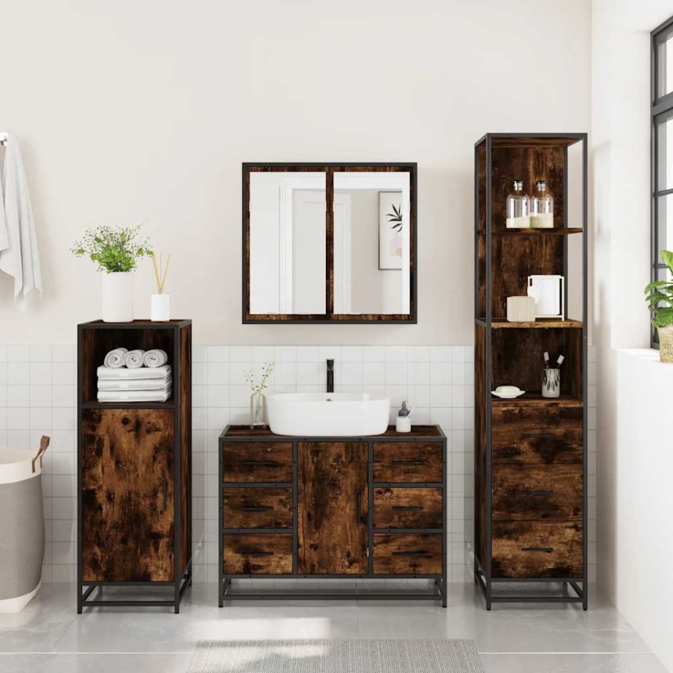 Set mobilier de baie, 3 piese, stejar fumuriu, lemn prelucrat - 3 | YEO