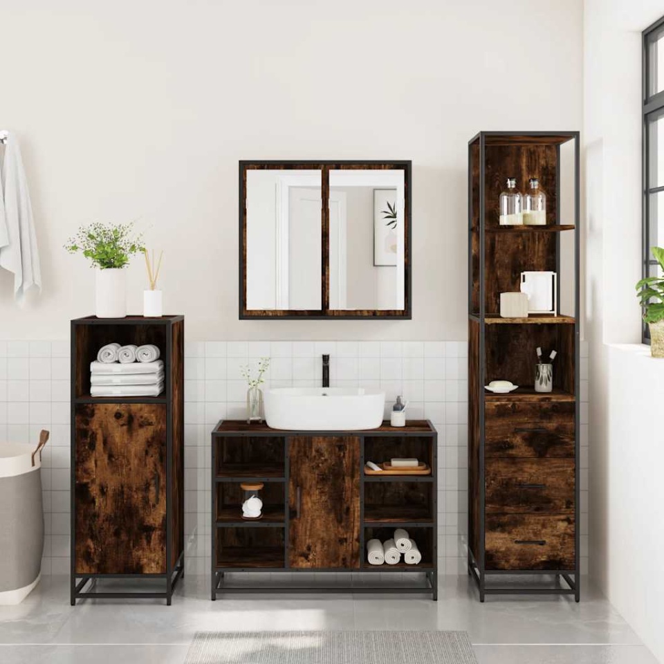 Set mobilier de baie, 3 piese, stejar fumuriu, lemn prelucrat - 3 | YEO