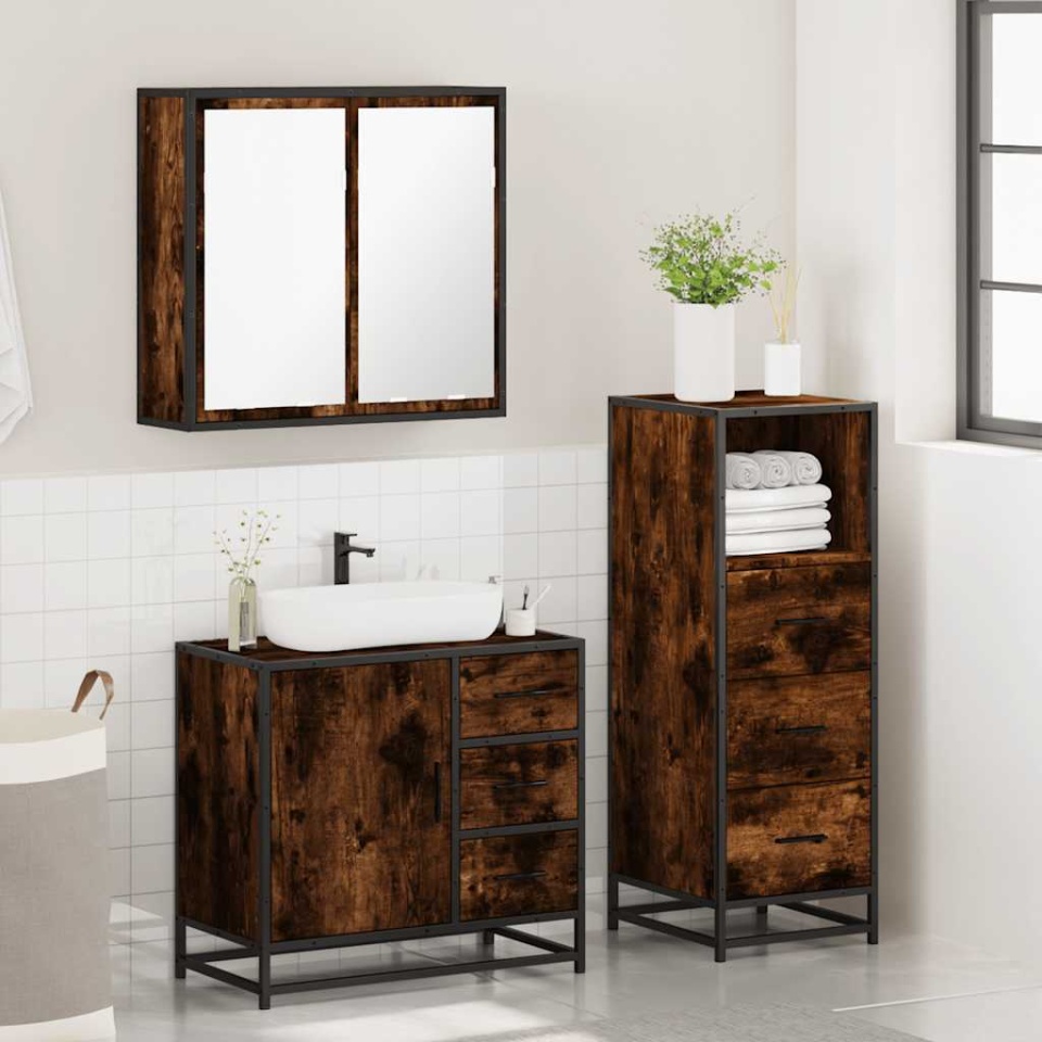 Set mobilier de baie, 3 piese, stejar fumuriu, lemn prelucrat - 3 | YEO