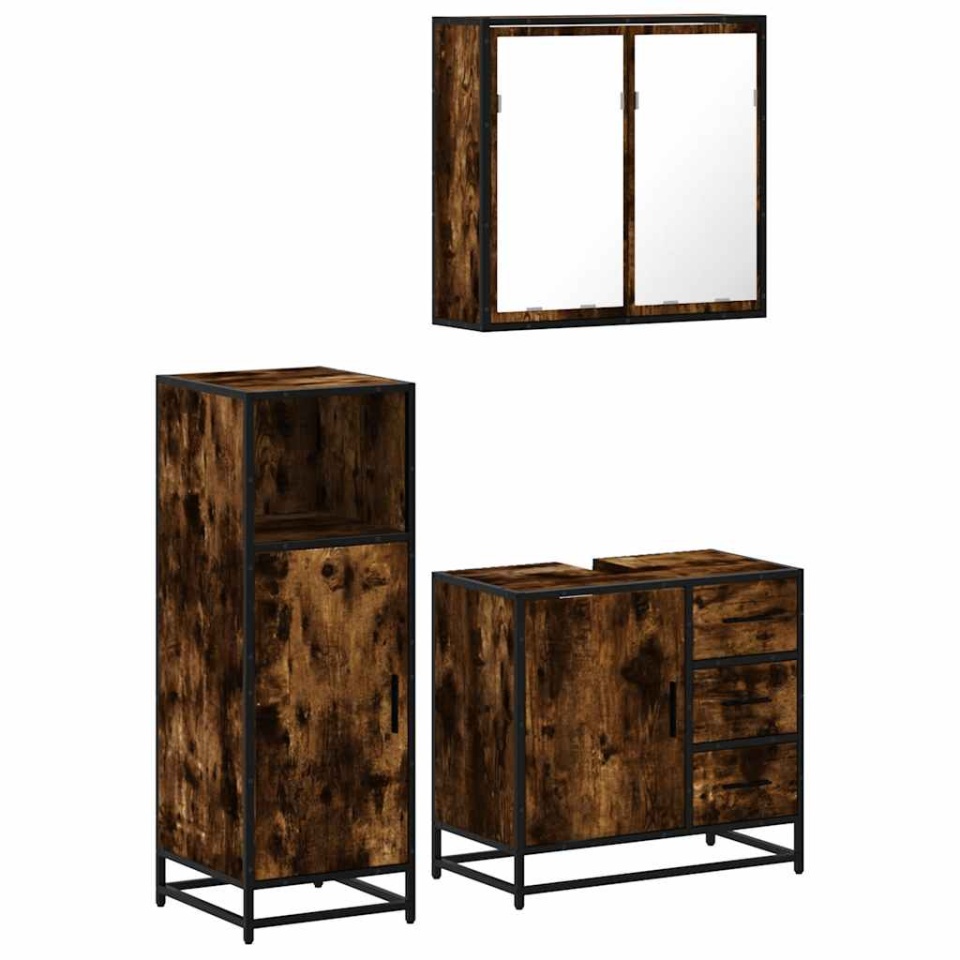 Set mobilier de baie, 3 piese, stejar fumuriu, lemn prelucrat - 1 | YEO