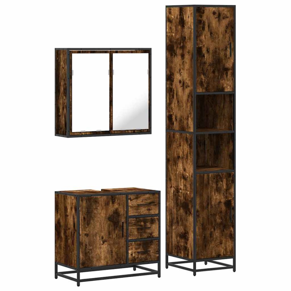 Set mobilier de baie, 3 piese, stejar fumuriu, lemn prelucrat - 1 | YEO