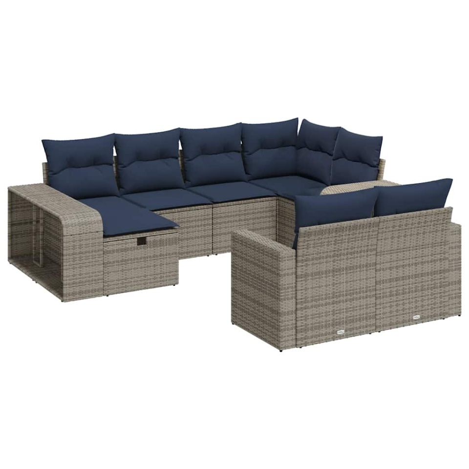 Set mobilier de grădină cu perne, 10 piese, gri, poliratan - 1 | YEO