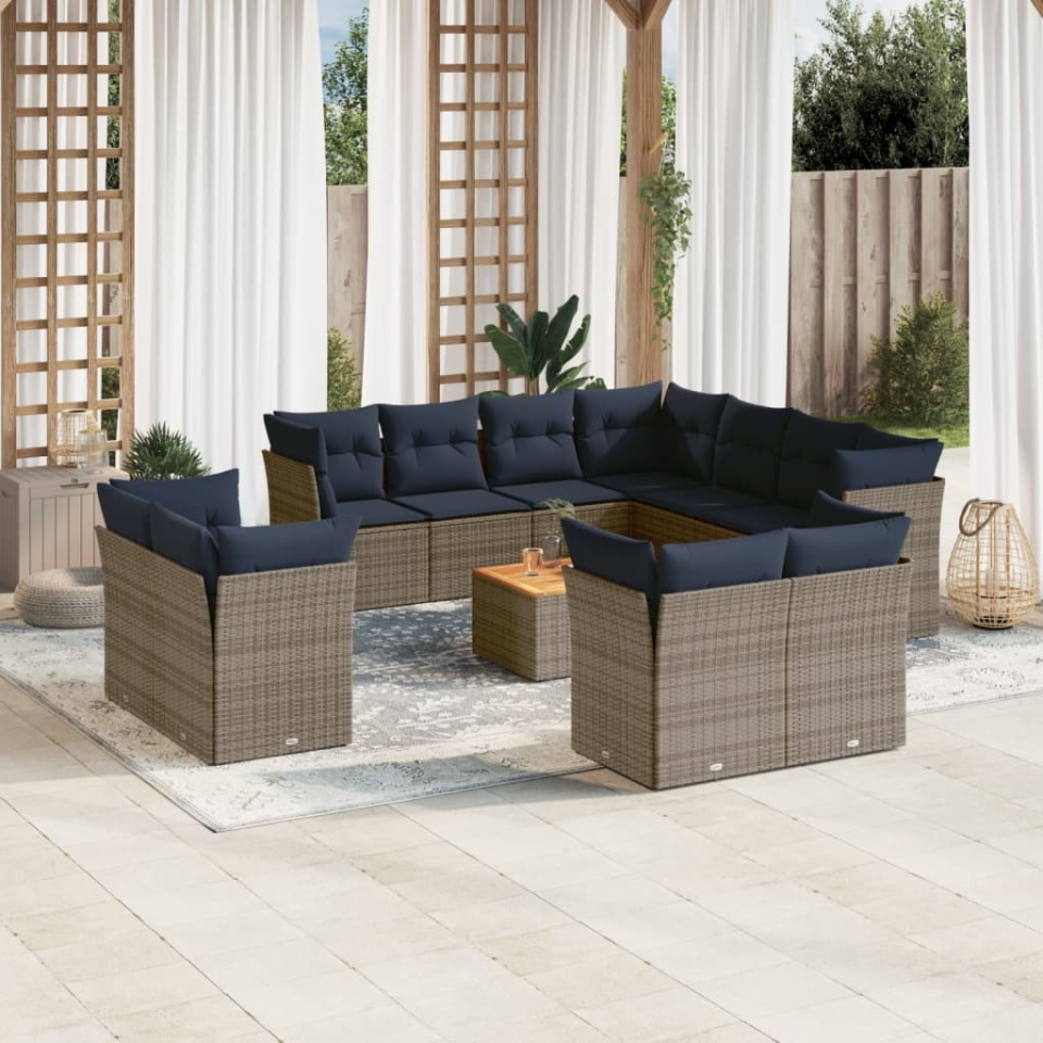 Set mobilier de grădină cu perne, 12 piese, gri, poliratan