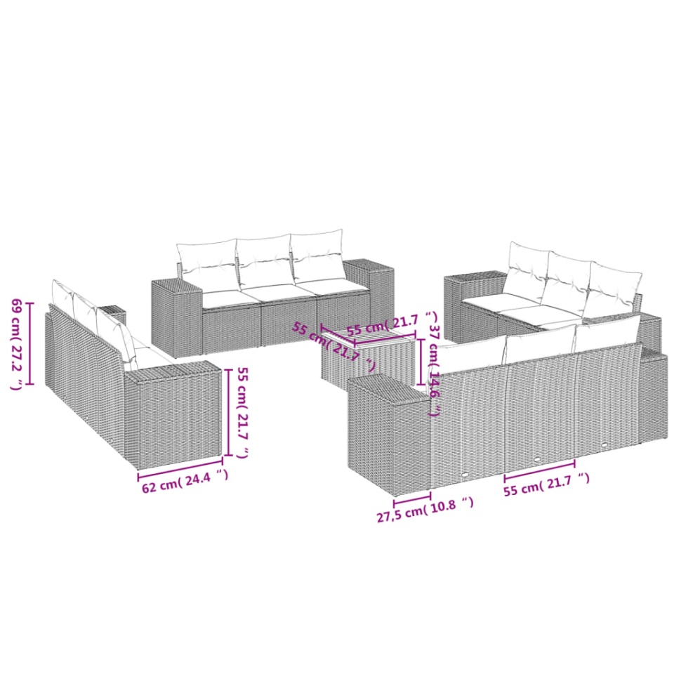 Set mobilier de grădină cu perne, 13 piese, negru, poliratan - 2 | YEO