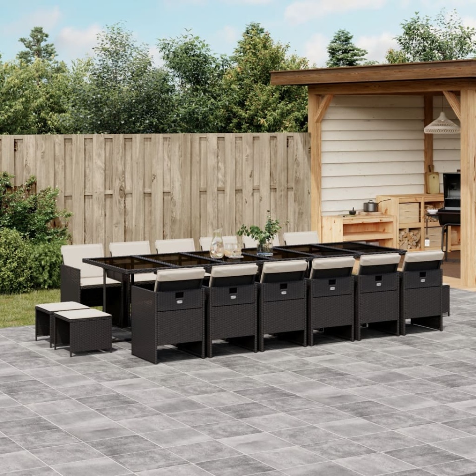 Set mobilier de grădină cu perne, 17 piese, negru, poliratan