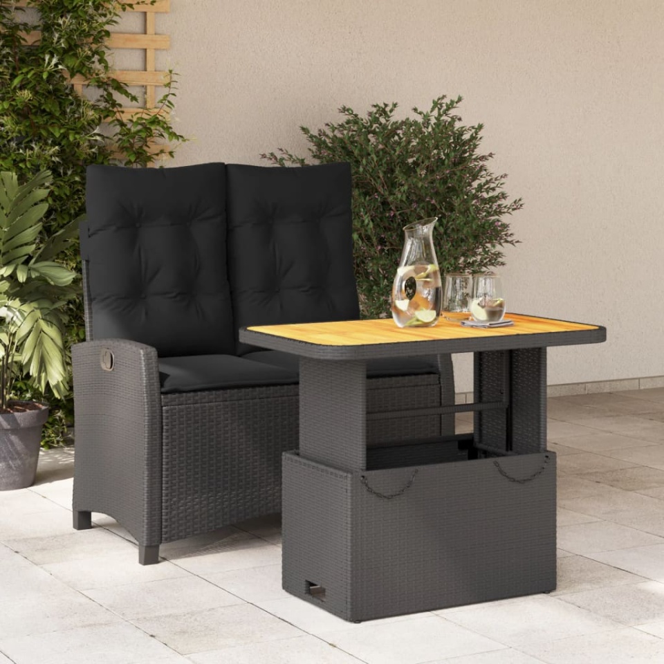 Set mobilier de grădină cu perne, 2 piese, negru, poliratan
