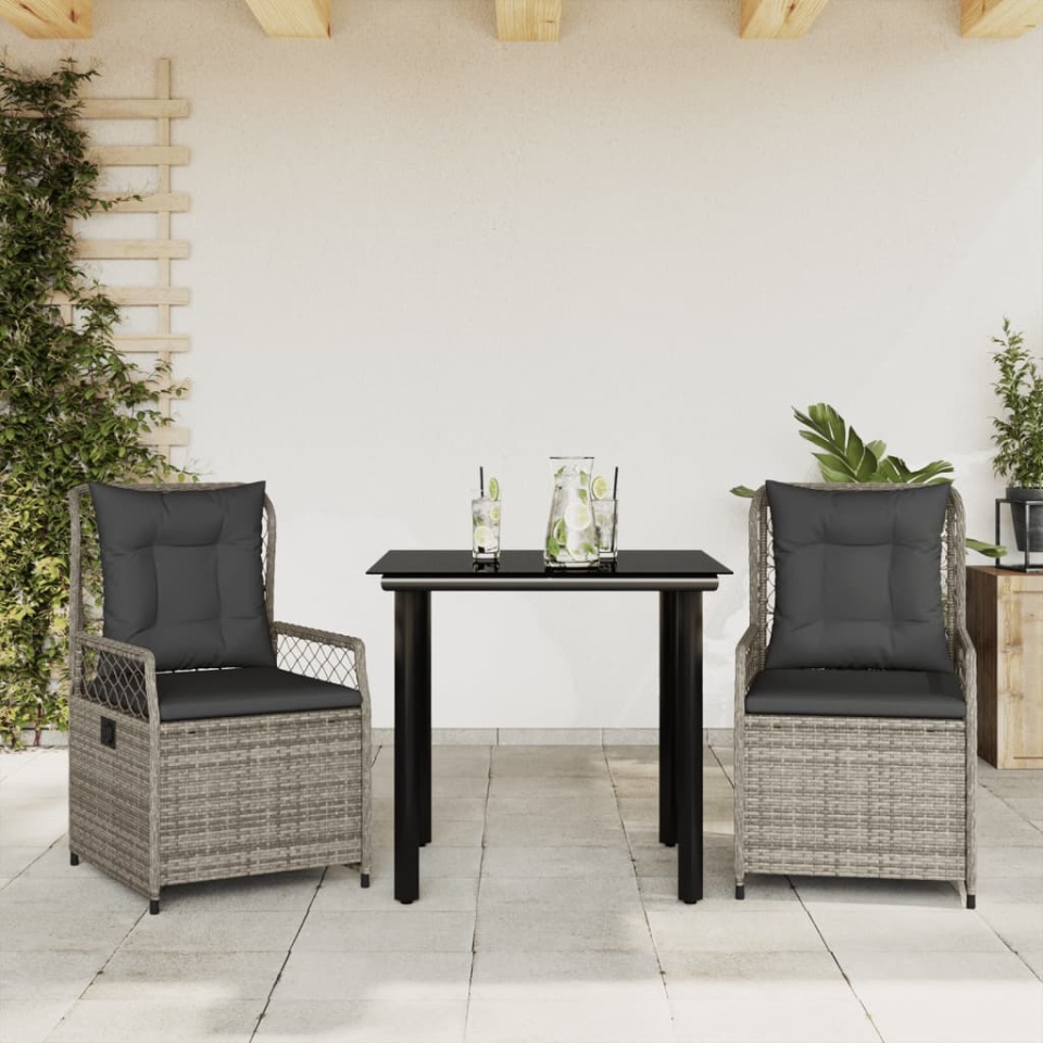 Set mobilier de grădină cu perne, 3 piese, gri, poliratan