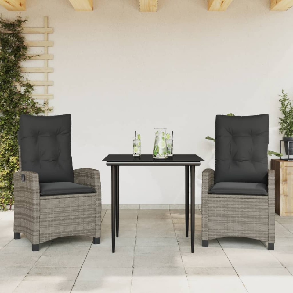 Set mobilier de grădină cu perne, 3 piese, gri, poliratan