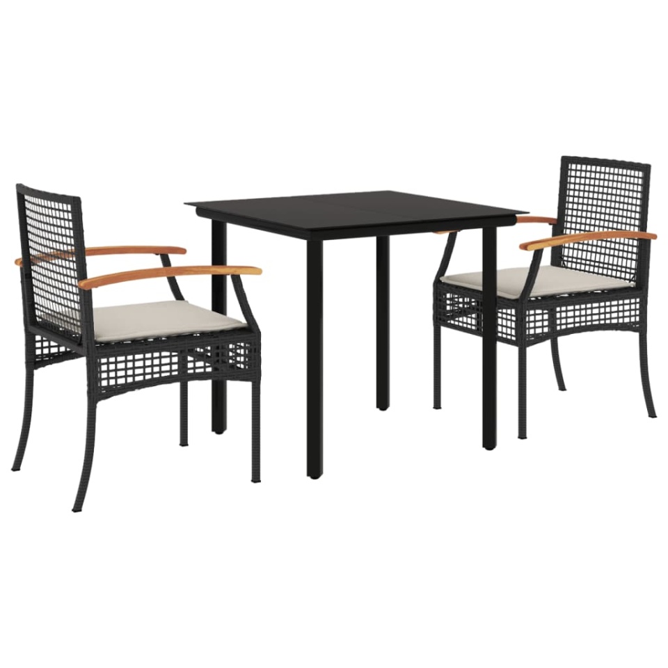 Set mobilier de grădină cu perne, 3 piese, negru, poliratan - 1 | YEO