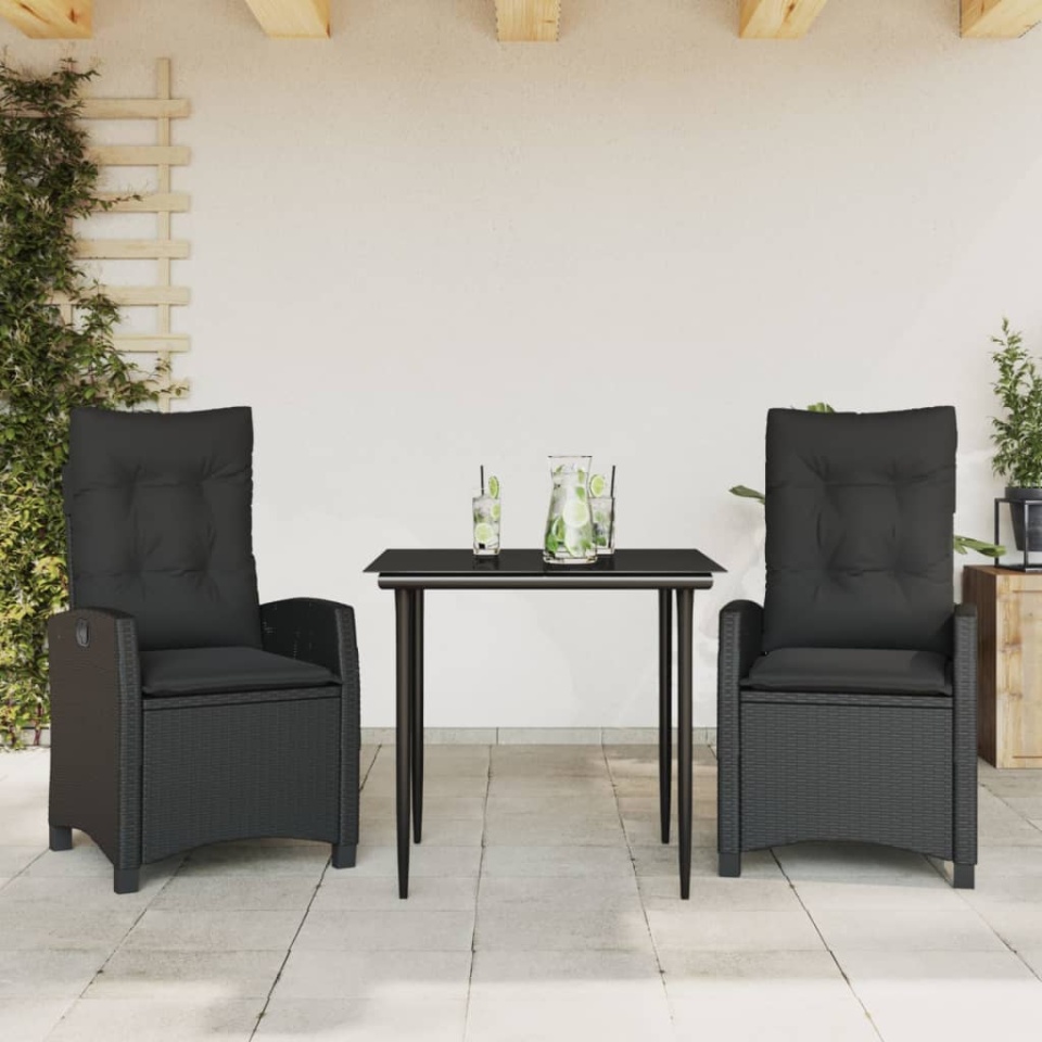 Set mobilier de grădină cu perne, 3 piese, negru, poliratan
