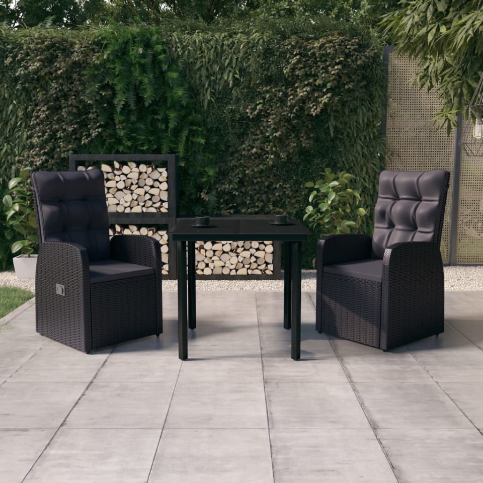 Set mobilier de grădină cu perne, 3 piese, negru