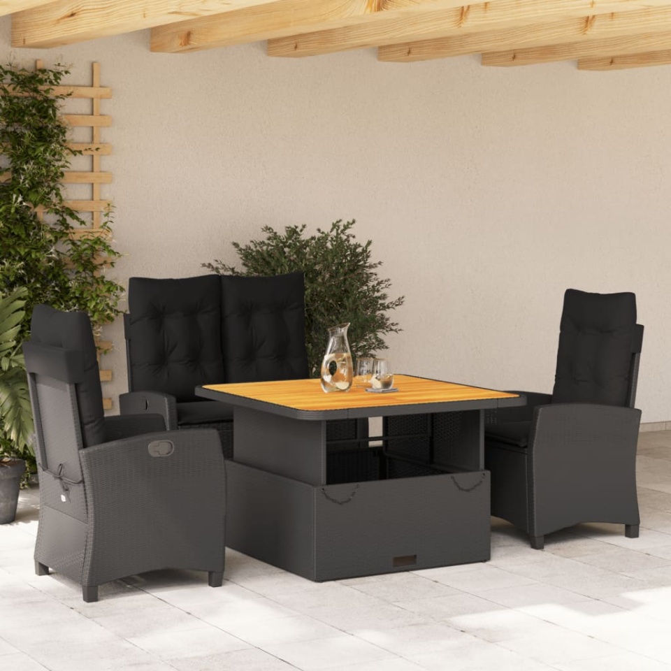 Set mobilier de grădină cu perne, 4 piese, negru, poliratan
