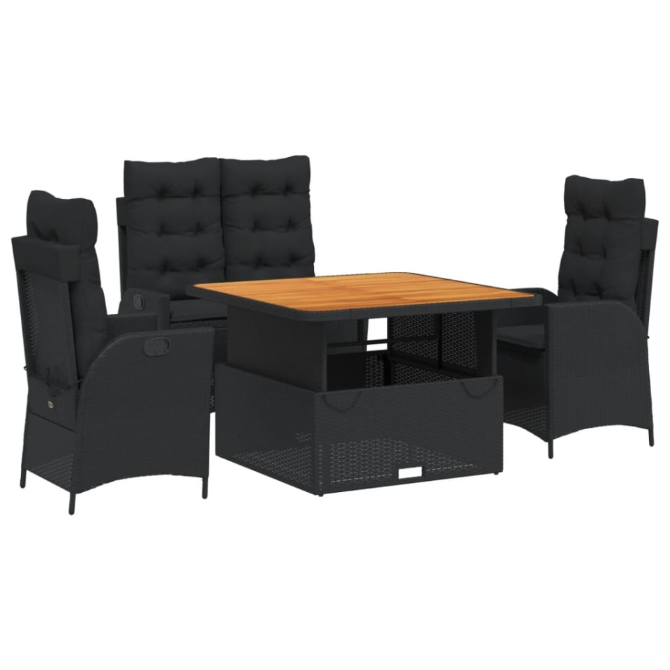 Set mobilier de grădină cu perne, 4 piese, negru, poliratan - 1 | YEO