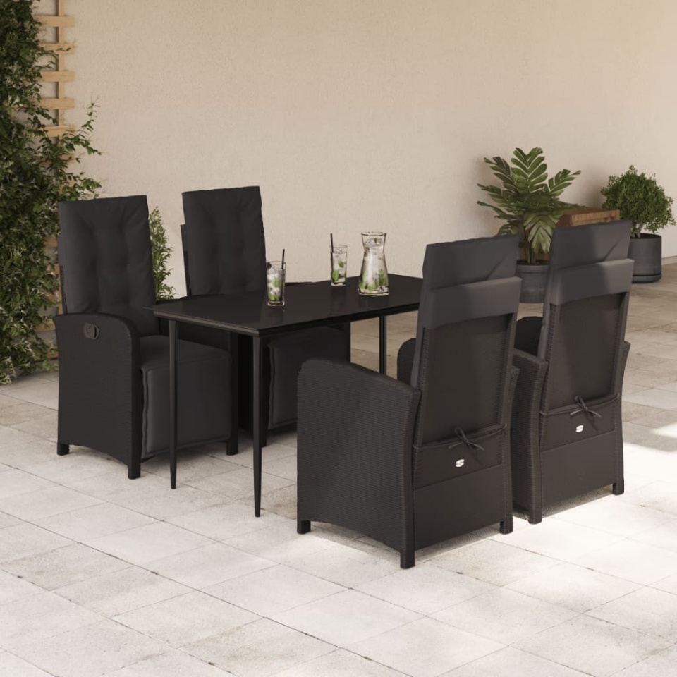 Set mobilier de grădină cu perne, 5 piese, negru, poliratan