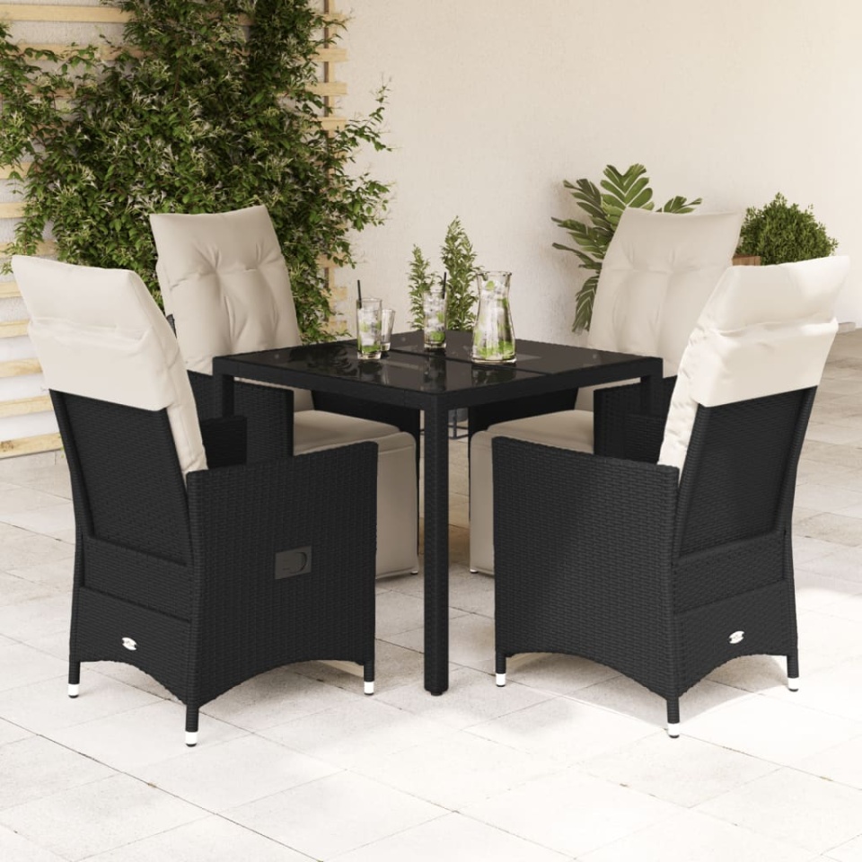 Set mobilier de grădină cu perne, 5 piese, negru, poliratan