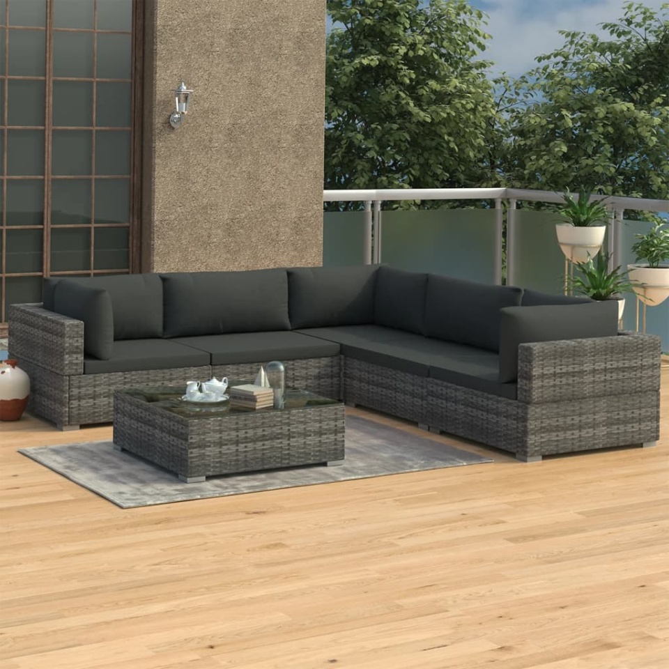 Set mobilier de grădină cu perne, 6 piese, gri, poliratan