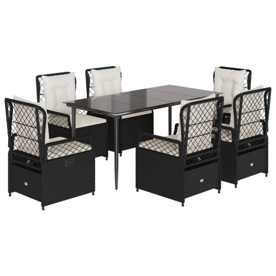 Set mobilier de grădină cu perne, 7 piese, negru, poliratan - 1 | YEO