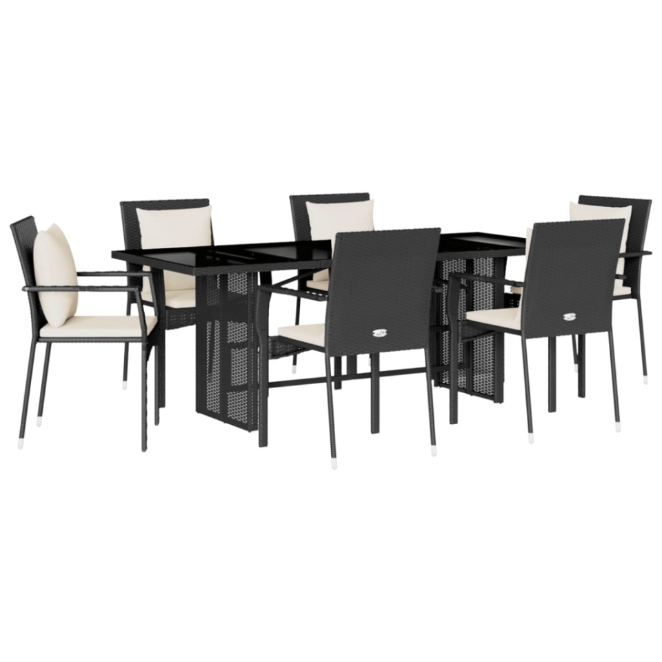 Set mobilier de grădină cu perne, 7 piese, negru, poliratan - 1 | YEO