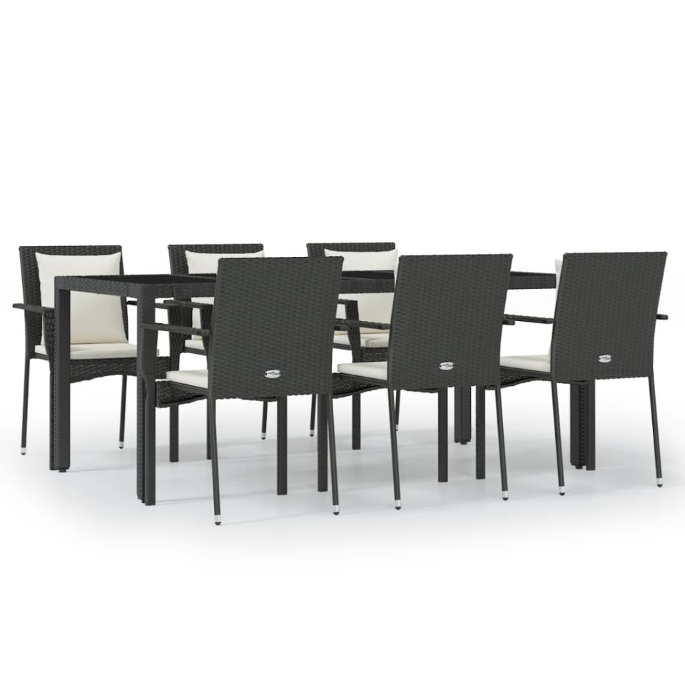 Set mobilier de grădină cu perne, 7 piese, negru, poliratan - 1 | YEO