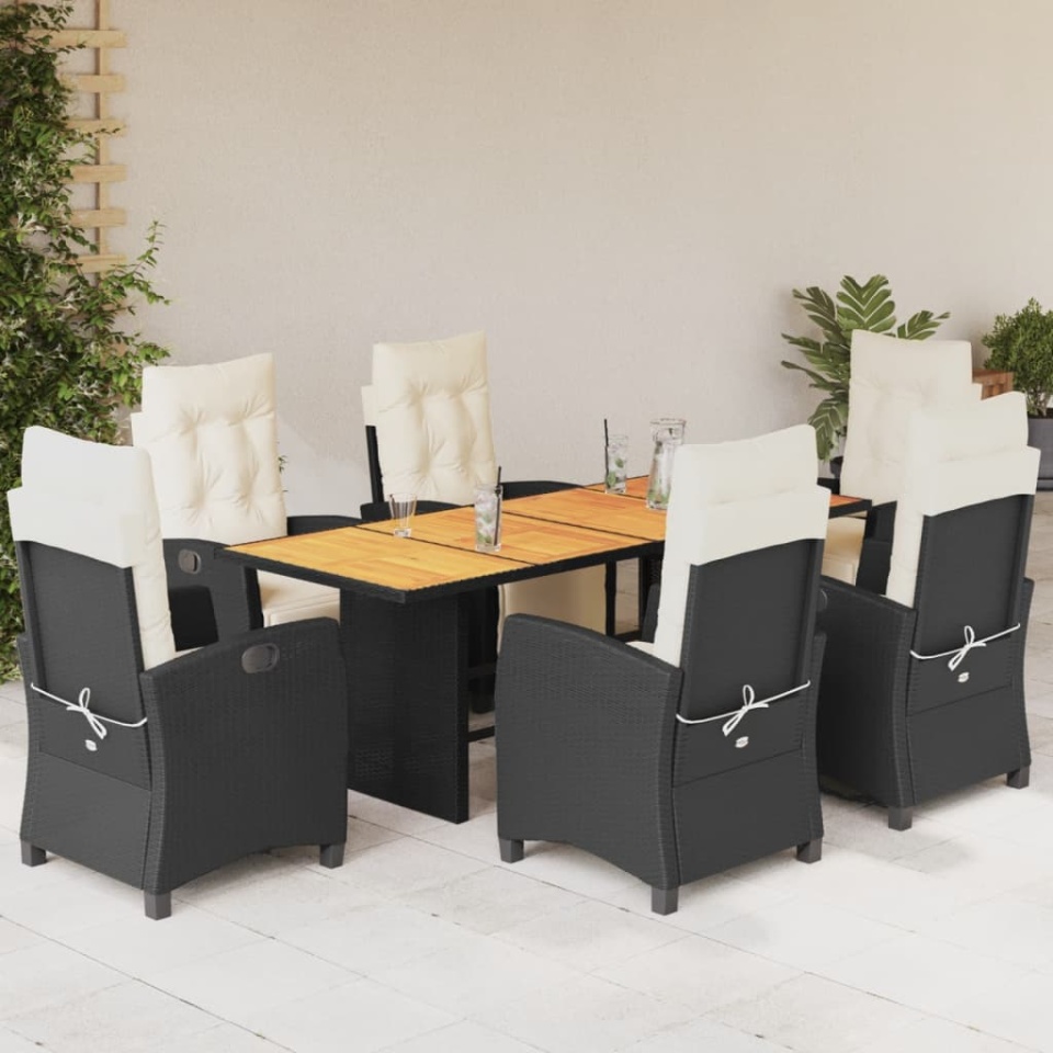 Set mobilier de grădină cu perne, 7 piese, negru, poliratan