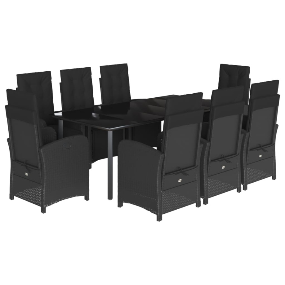 Set mobilier de grădină cu perne, 9 piese, negru, poliratan - 1 | YEO