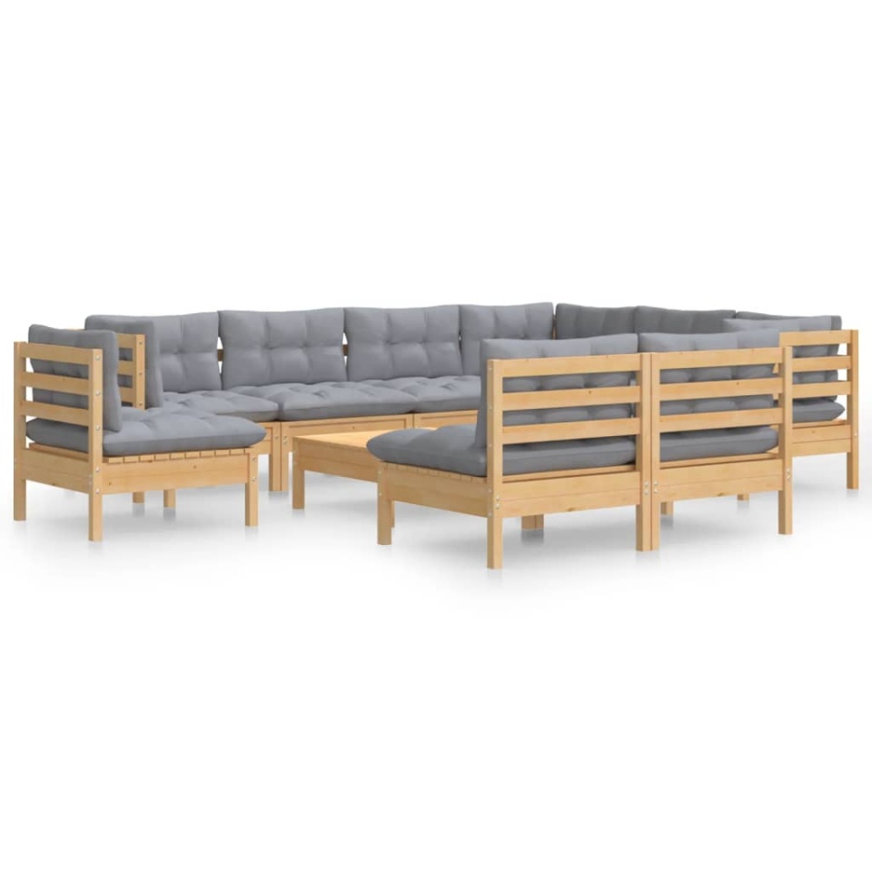 Set mobilier grădină cu perne, 10 piese, gri, lemn masiv pin - 1 | YEO
