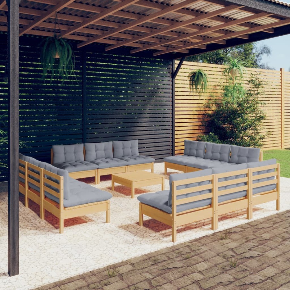 Set mobilier grădină cu perne, 13 piese, gri, lemn de pin