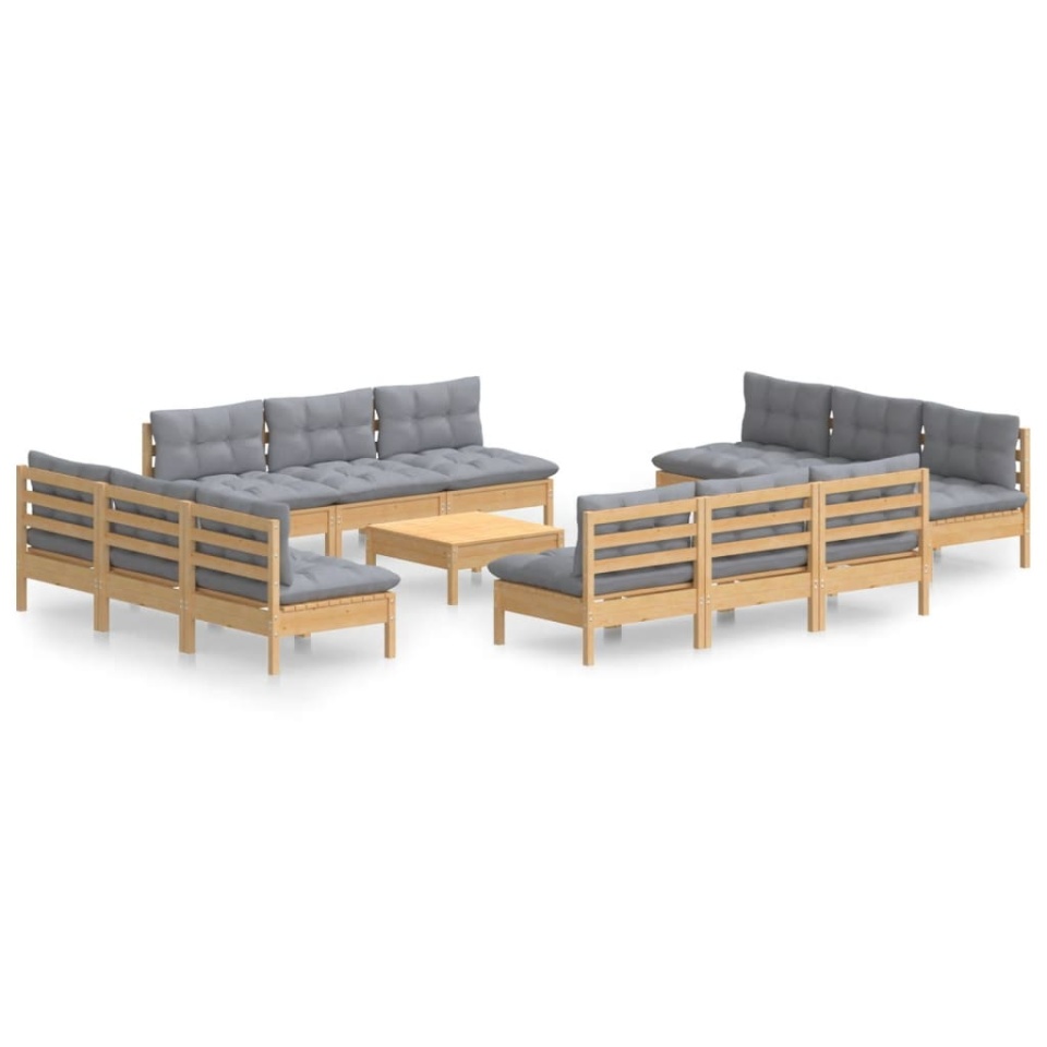 Set mobilier grădină cu perne, 13 piese, gri, lemn de pin - 1 | YEO