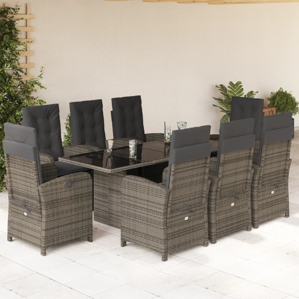 Set mobilier grădină cu perne, 9 piese, gri, poliratan