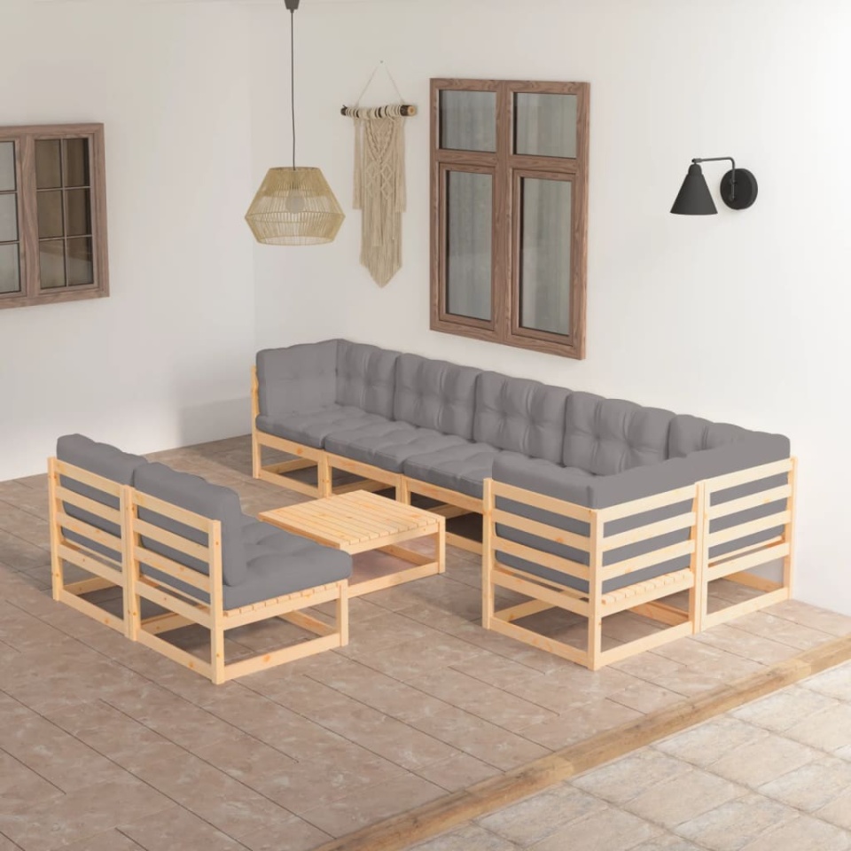 Set mobilier grădină cu perne, 9 piese, lemn masiv de pin