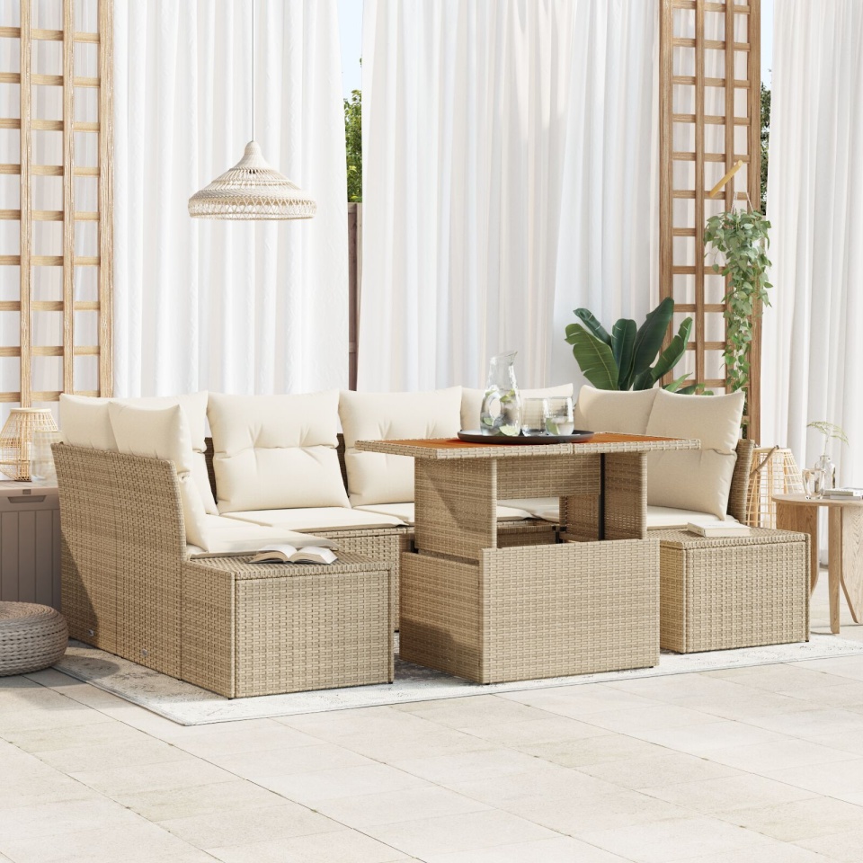 Set sofa grădină 7 piese Bej Ratan Set mese grădină 7 piese