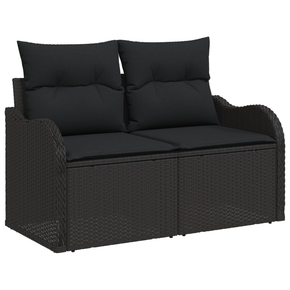 Sofa de grădină cu 2 locuri cu depozitare și perne Poli Rattan Negru - 1 | YEO