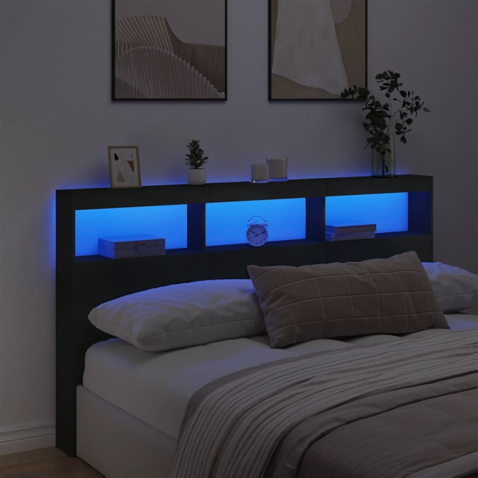 Tăblie cu dulap și LED, negru, 180x17x102 cm - 3 | YEO