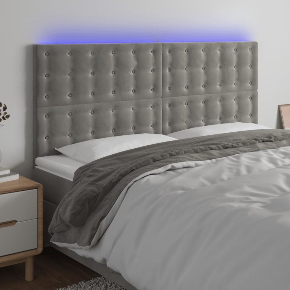 Tăblie de pat cu LED, gri deschis, 180x5x118/128 cm, catifea