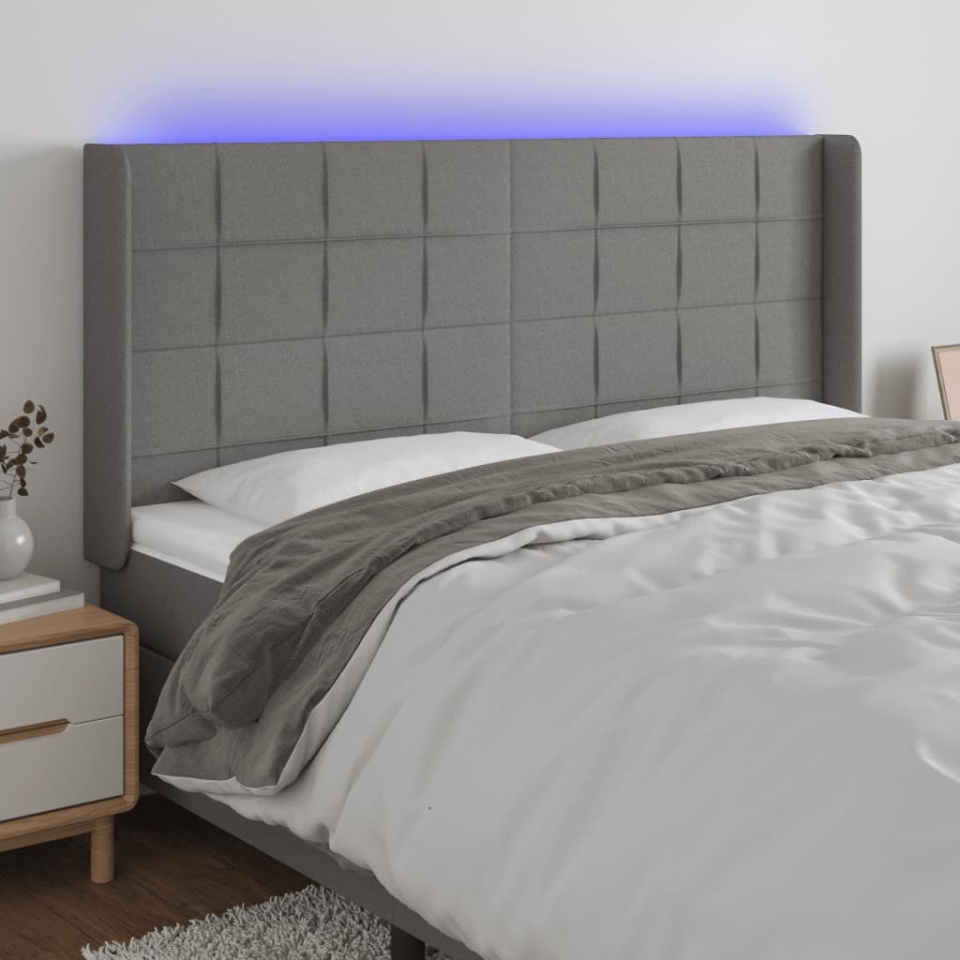 Tăblie de pat cu LED, gri închis, 163x16x118/128 cm, textil