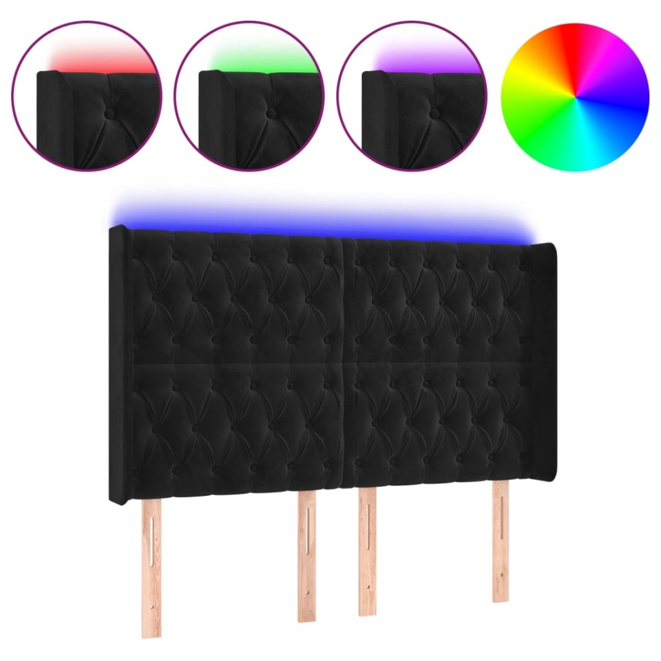 Tăblie de pat cu LED, negru, 147x16x118/128 cm, catifea - 1 | YEO