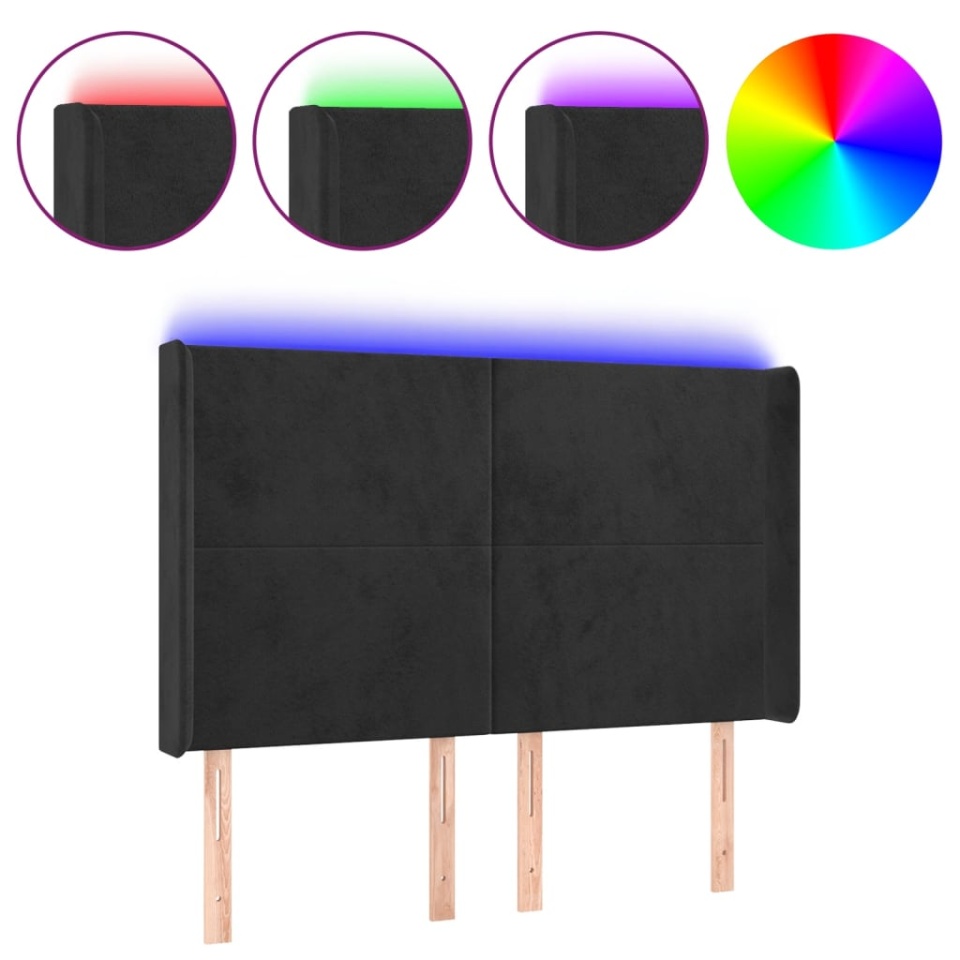 Tăblie de pat cu LED, negru, 147x16x118/128 cm, catifea - 1 | YEO