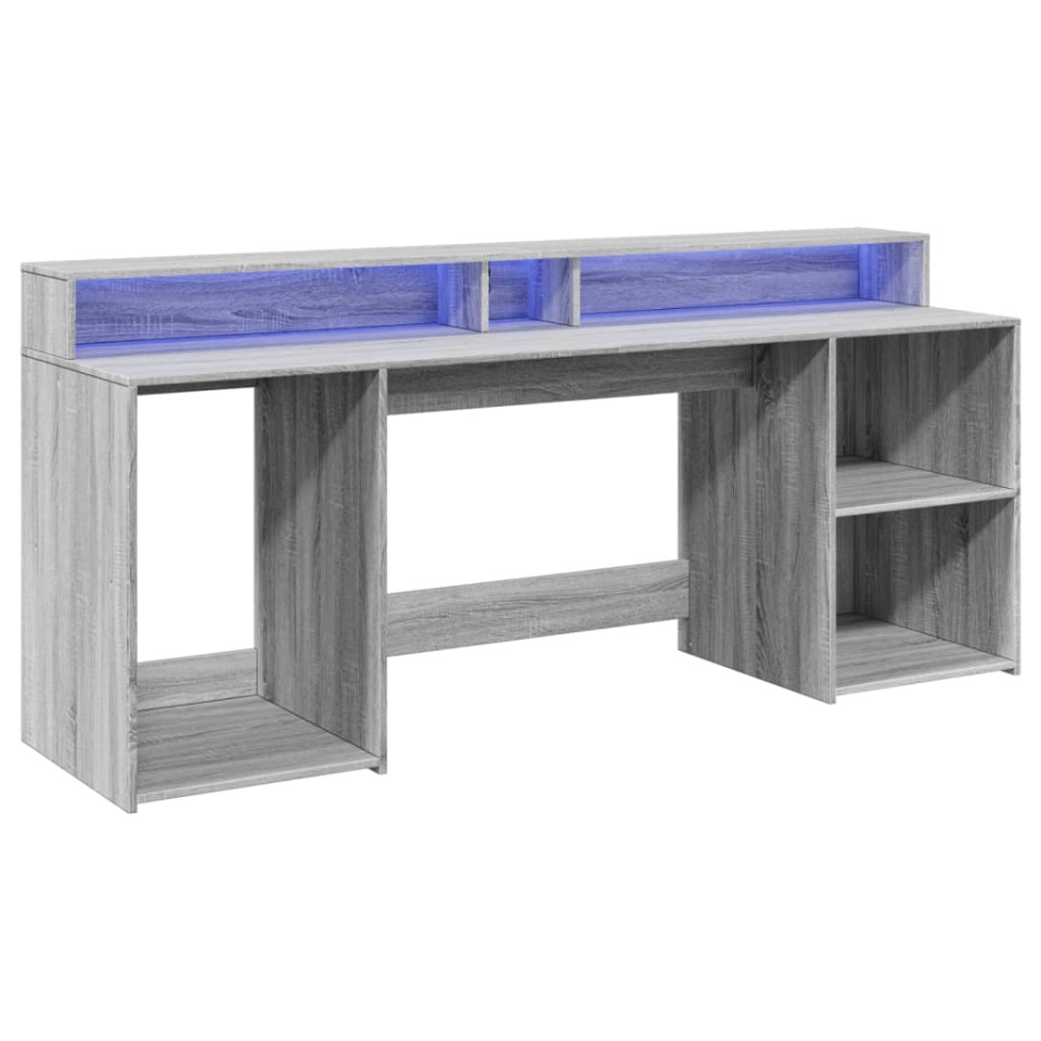 Birou cu lumini LED, gri sonoma, 200x55x91 cm, lemn prelucrat - 2 | YEO