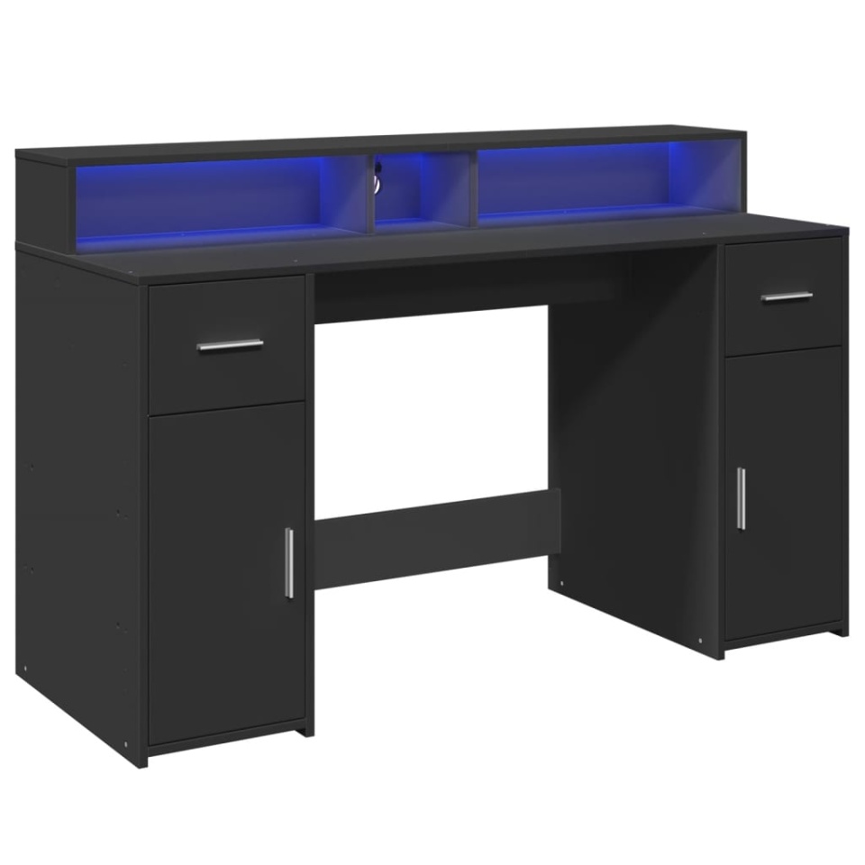 Birou cu lumini LED, negru, 140x55x91 cm, lemn prelucrat - 2 | YEO
