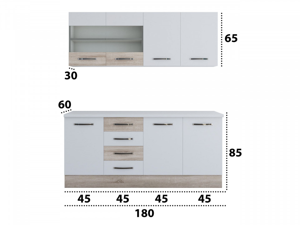 Bucatarie Alfa 180, Cu vitrina, Alb/Sonoma, Blat termic alb - 3 | YEO