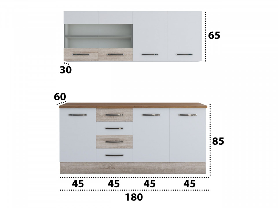 Bucatarie Alfa 180, Cu vitrina, Alb/Sonoma, Blat termic nuc - 3 | YEO