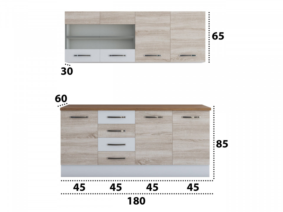 Bucatarie Alfa 180, Cu vitrina, Sonoma/Alb, Blat termic nuc - 3 | YEO