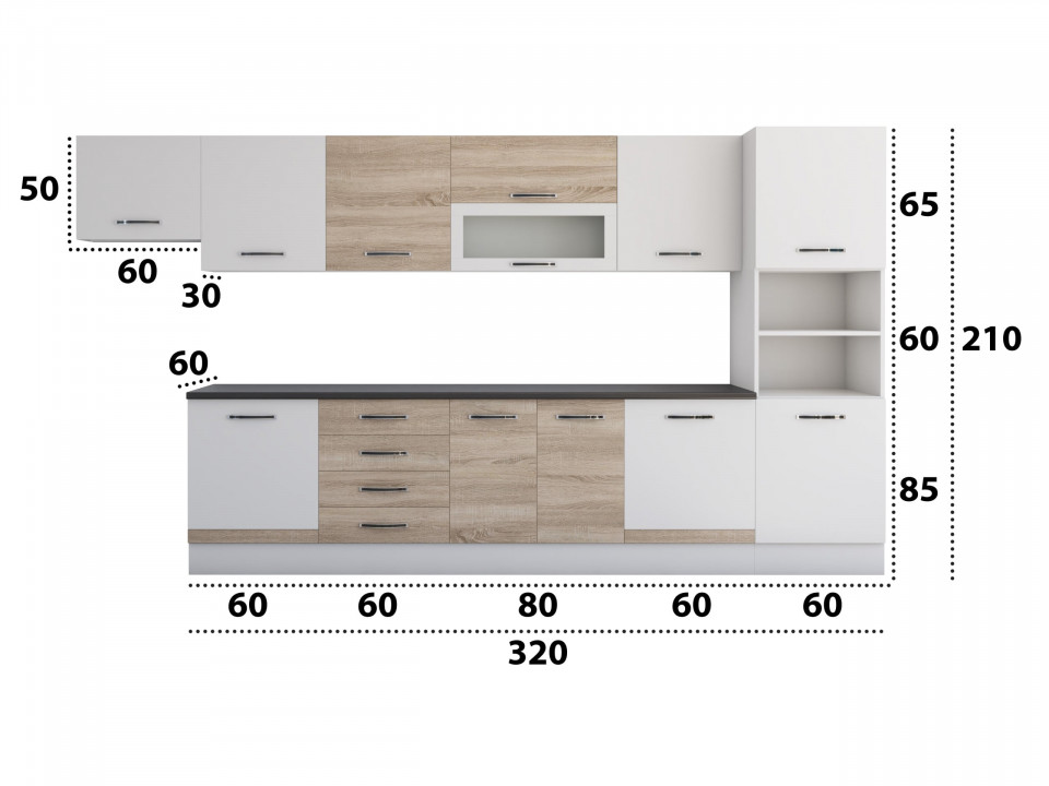 Bucatarie alfa 380 cm, alb/sonoma, blat termic wenge, corp hota, soldat - 1 | YEO